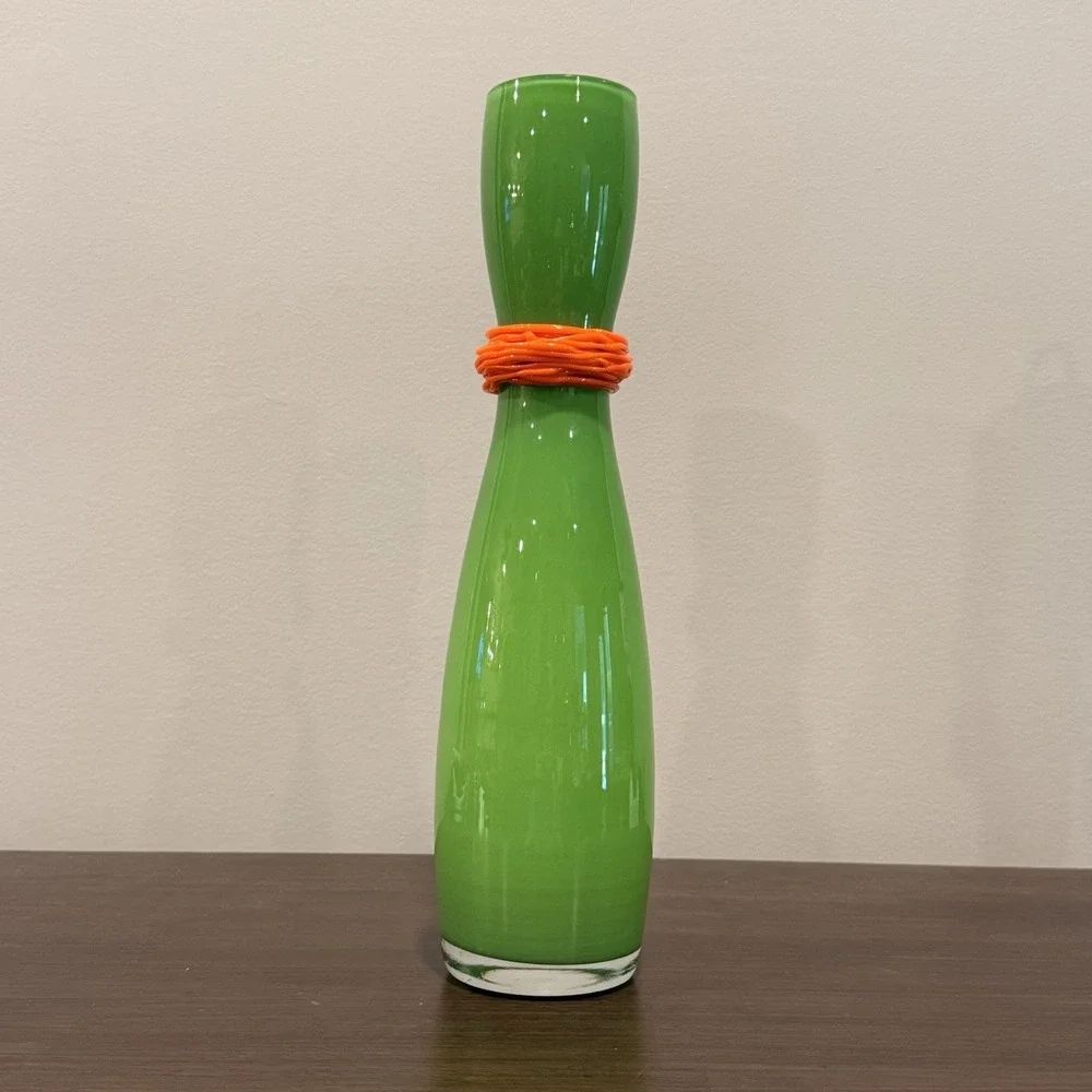 Rony Plesl Signed Czech Bohemian Art Glass Vase Green Orange Hand Blown 13